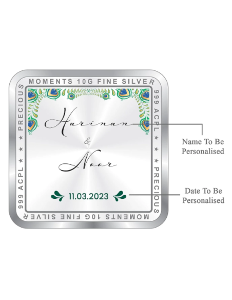 Precious Moments Personalised BIS Hallmarked Newly Married Silver Square Coin Of 50 Gram in 999 Purity / Fineness By ACPL