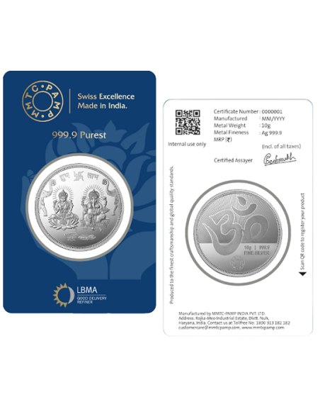 MMTC PAMP Silver Coin Laxmi Ganesh of 10 Gram in 999.9 Purity in Certi