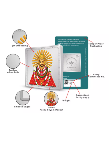 Kundan Khatu Shyam Ji Color Silver Bar of 20 Gram in 999.9 Purity / Fineness in Certi Card