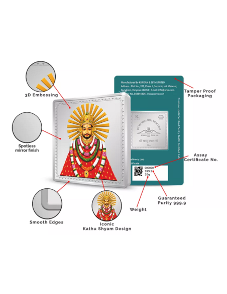 Kundan Khatu Shyam Ji Color Silver Bar of 20 Gram in 999.9 Purity / Fineness in Certi Card