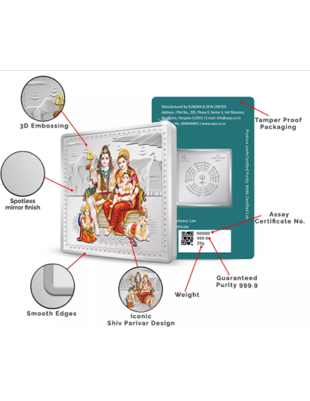 Kundan Shiv Parivar Color Silver Bar of 20 Gram in 999.9 Purity / Fineness in Certi Card