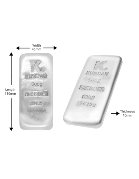 Kundan Ingot Silver Casted Bar Of 500gm in 24 Karat 999.9 Purity / Fin