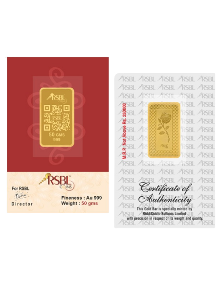 Buy RSBL Gold Bar 50 Grams Gold 24Kt Gold 999 Purity I CoinBazaar
