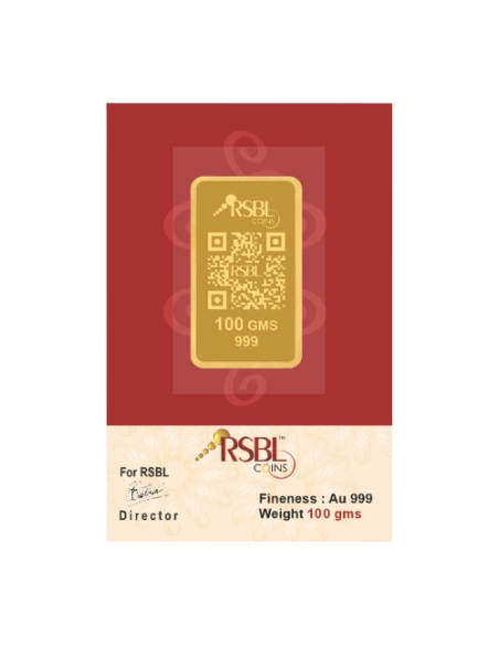 Buy RSBL Gold Bar 100 Grams Gold  24Kt Gold 999 Purity I CoinBazaar