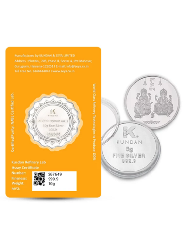 Kundan Lakshmi Feet Color Silver Coin Of 10 Gram+ Lakshmi Ganesh 5 Gram Silver Coin in 999.9 Purity / Fineness