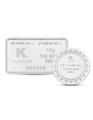 Kundan Lakshmi Ganesha Color Silver Bar Of 10 Gram+ 10gm Lakshmi Feet Color Silver in 999.9 Purity COMBO SET