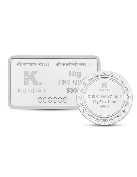Kundan Lakshmi Ganesha Color Silver Bar Of 10 Gram+ 10gm Lakshmi Feet Color Silver in 999.9 Purity COMBO SET