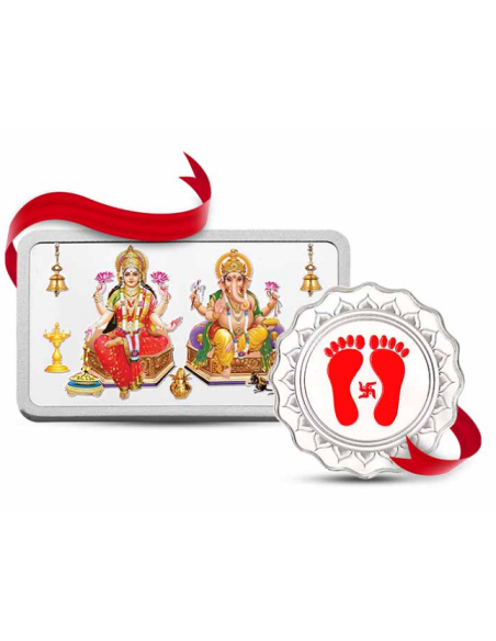 Kundan Lakshmi Ganesha Color Silver Bar Of 10 Gram+ 10gm Lakshmi Feet Color Silver in 999.9 Purity COMBO SET