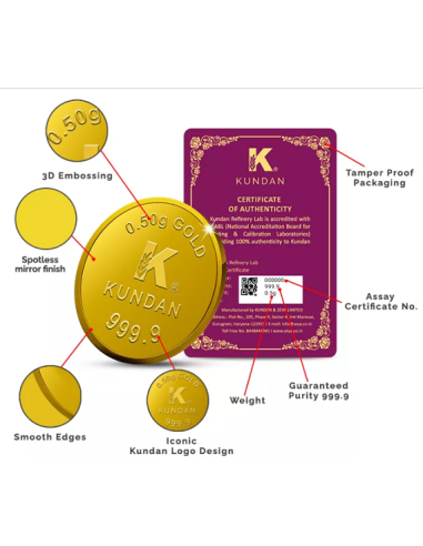 Kundan Gold Coin Of 0.5 Grams in 24 Karat  999.9 Purity / Fineness