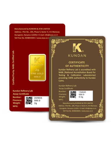 Kundan Lakshmi Gold Bar Of 2 Grams + Kundan Logo Gold Coin Of 0.5 Gram