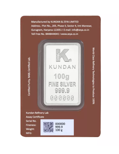 Kundan Color Tirupati Balaji Silver Bar of 100 Gram in 999.9 Purity / Fineness in Certi Card