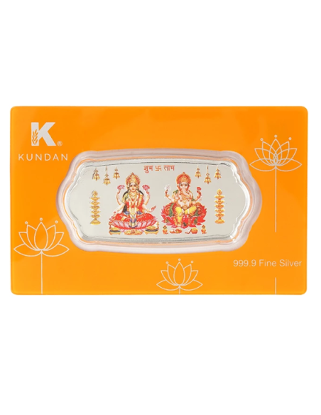 Kundan Lakshmi Ganesh Stylized Color Silver Bar of 50 Gram in 999.9 Purity / Fineness in Certi Card