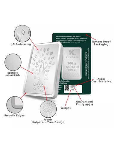 Kundan Kalpataru Tree Silver Bar of 100 Gram in 999.9 Purity / Fineness in Certi Card