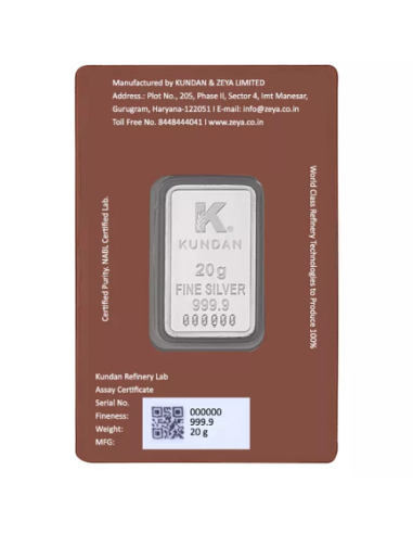 Kundan Color Tirupati Silver Bar of 20 Gram in 999.9 Purity / Fineness in Certi Card