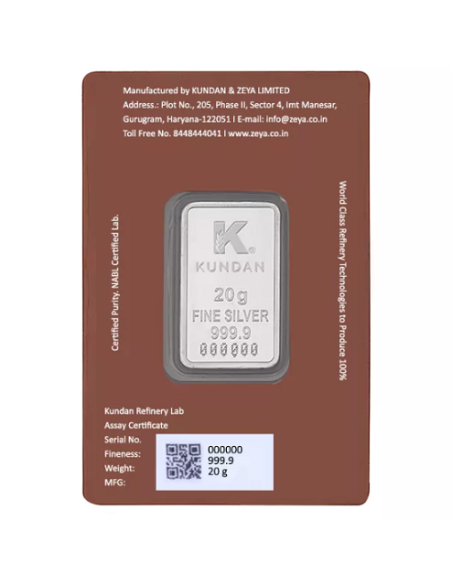 Kundan Color Tirupati Silver Bar of 20 Gram in 999.9 Purity / Fineness in Certi Card