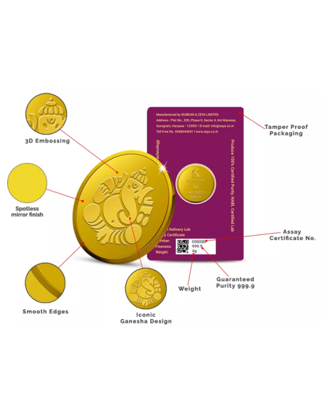 Kundan Ganesha Gold Coin Of 4 Grams Gold in 24 Karat  999.9 Purity / F