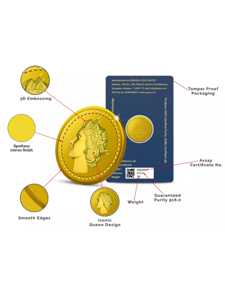 Kundan Queen Gold Coin Of 4 Grams Gold  in 22 Karat  916 Purity / Fine