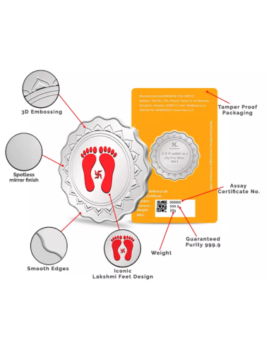 Kundan Lakshmi Feet Color Silver Coin Of 20 Gram in 999.9 Purity / Fineness