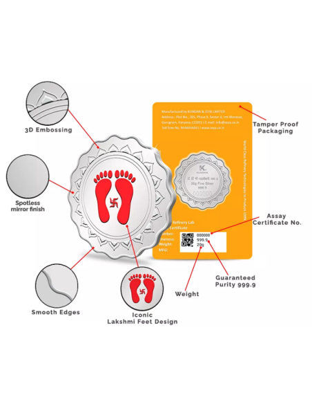 Kundan Lakshmi Feet Color Silver Coin Of 20 Gram in 999.9 Purity / Fineness