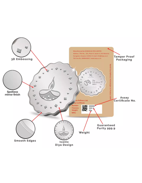 Kundan Diya Silver Coin Of 20 Gram in 999.9 Purity / Fineness in Certi Card