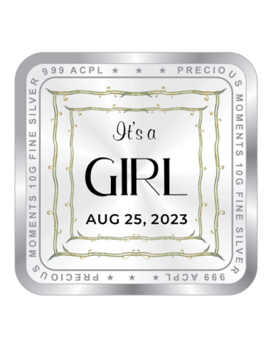 Precious Moments Personalised BIS Hallmarked New Born Baby Girl Silver Square Coin Of 10 Gram in 999 Purity / Fineness by ACPL