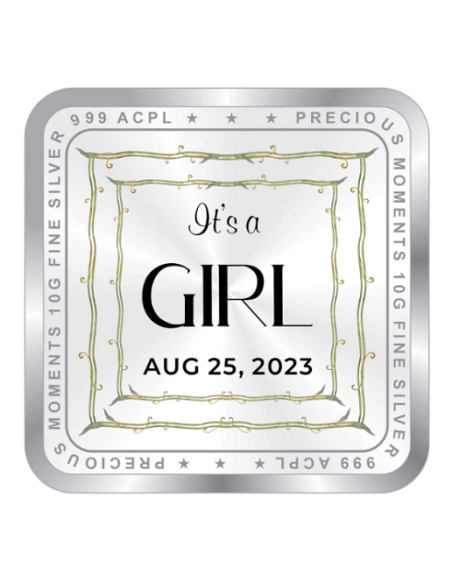Precious Moments Personalised BIS Hallmarked New Born Baby Girl Silver Square Coin Of 20 Gram in 999 Purity / Fineness by ACPL