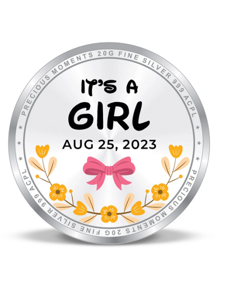 Precious Moments Personalised BIS Hallmarked New Born Baby Girl Silver Coin Of 20 Gram in 999 Purity / Fineness by ACPL