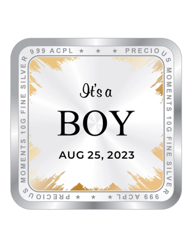 Precious Moments Personalised BIS Hallmarked New Born Baby Boy Silver Square Coin Of 10 Gram in 999 Purity / Fineness By ACPL