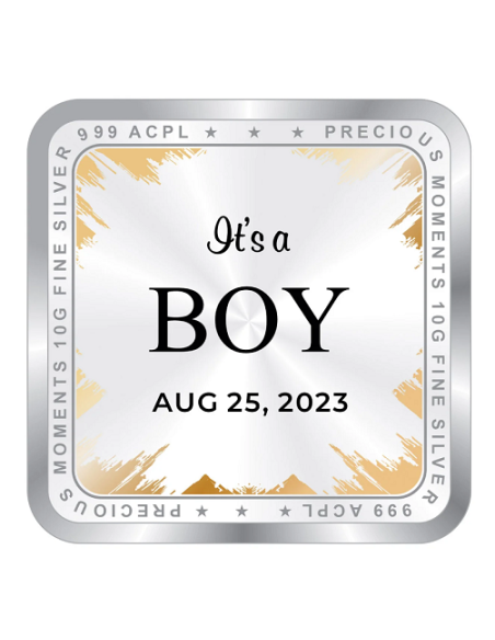 Precious Moments Personalised BIS Hallmarked New Born Baby Boy Silver Square Coin Of 10 Gram in 999 Purity / Fineness By ACPL