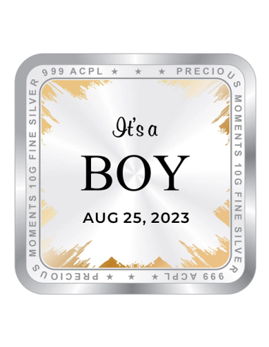 Precious Moments Personalised BIS Hallmarked New Born Baby Boy Silver Square Coin Of 50 Gram in 999 Purity / Fineness By ACPL