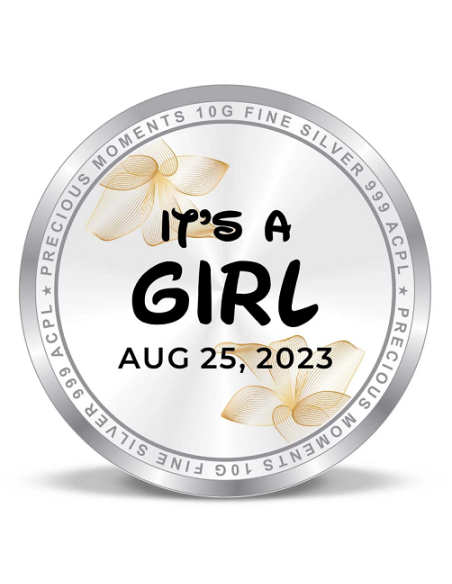 Precious Moments Personalised BIS Hallmarked New Born Baby Girl Silver Coin Of 10 Gram in 999 Purity / Fineness by ACPL