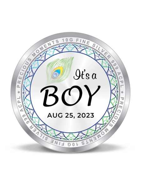 Precious Moments Personalised BIS Hallmarked New Born Baby Boy Silver Coin Of 50 Gram in 999 Purity / Fineness by ACPL