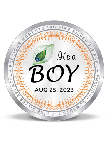 Precious Moments Personalised BIS Hallmarked New Born Baby Boy Silver Coin Of 10 Gram in 999 Purity / Fineness by ACPL