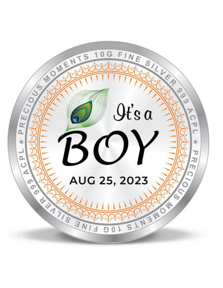 Precious Moments Personalised BIS Hallmarked New Born Baby Boy Silver Coin Of 10 Gram in 999 Purity / Fineness by ACPL