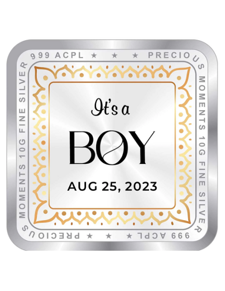Precious Moments Personalised BIS Hallmarked New Born Baby Boy Silver Square Coin Of 50 Gram in 999 Purity / Fineness By ACPL
