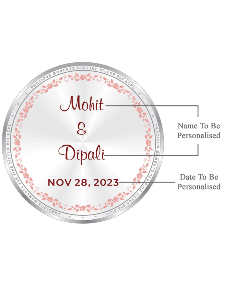 Precious Moments Personalised BIS Hallmarked Wedding Anniversary Silver Coin Of 50 Gram in 999 Purity / Fineness By ACPL