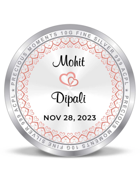 Precious Moments Personalised BIS Hallmarked Wedding Anniversary Silver Coin Of 50 Gram in 999 Purity / Fineness By ACPL