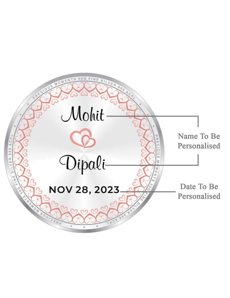 Precious Moments Personalised BIS Hallmarked Wedding Anniversary Silver Coin Of 50 Gram in 999 Purity / Fineness By ACPL
