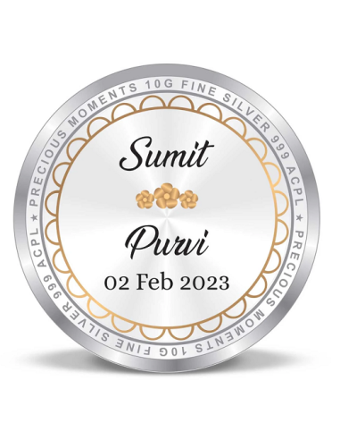 Precious Moments Personalised BIS Hallmarked Wedding Anniversary Silver Coin Of 50 Gram in 999 Purity / Fineness By ACPL