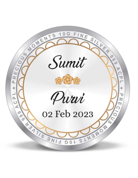 Precious Moments Personalised BIS Hallmarked Wedding Anniversary Silver Coin Of 50 Gram in 999 Purity / Fineness By ACPL
