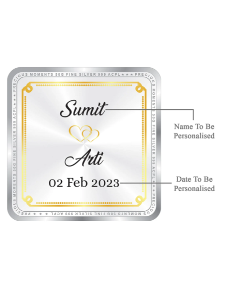 Precious Moments Personalised BIS Hallmarked Wedding Anniversary Silver Coin Of 50 Gram in 999 Purity / Fineness By ACPL