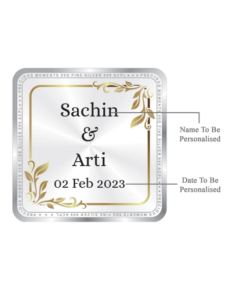 Precious Moments Personalised BIS Hallmarked Wedding Anniversary Silver Coin Of 50 Gram in 999 Purity / Fineness By ACPL