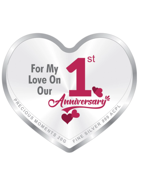 Precious Moments Personalised BIS Hallmarked Happy Anniversary Silver Heart Shape Coin Of 20 Gram in 999 Purity by ACPL