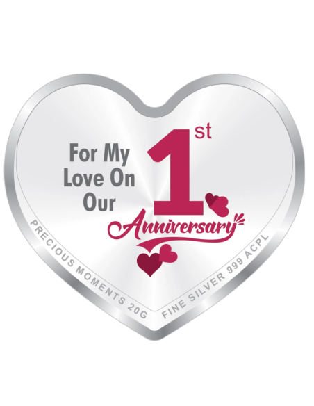 Precious Moments Personalised BIS Hallmarked Happy Anniversary Silver Heart Shape Coin Of 20 Gram in 999 Purity by ACPL