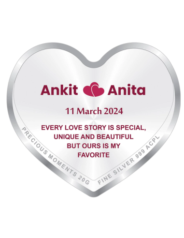 Precious Moments Personalised BIS Hallmarked Happy Anniversary Silver Heart Shape Coin Of 20 Gram in 999 Purity by ACPL