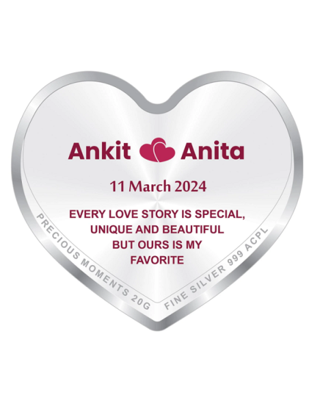 Precious Moments Personalised BIS Hallmarked Happy Anniversary Silver Heart Shape Coin Of 20 Gram in 999 Purity by ACPL