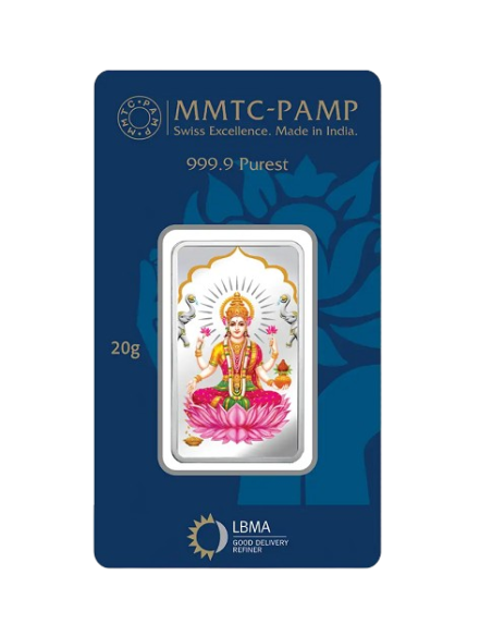 MMTC-PAMP Goddess Lakshmi Colorful Silver Bar of 20 Gram in 999.9 Purity / Fineness in Certi Card