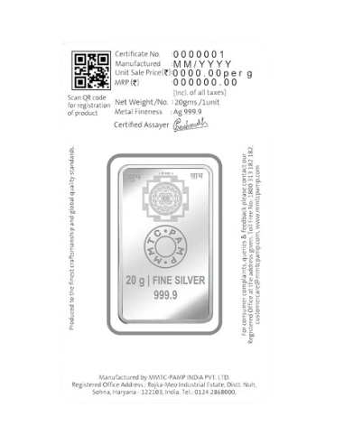 MMTC-PAMP Goddess Lakshmi Colorful Silver Bar of 20 Gram in 999.9 Purity / Fineness in Certi Card