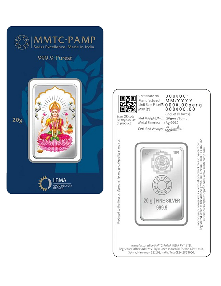 MMTC-PAMP Goddess Lakshmi Colorful Silver Bar of 20 Gram in 999.9 Purity / Fineness in Certi Card