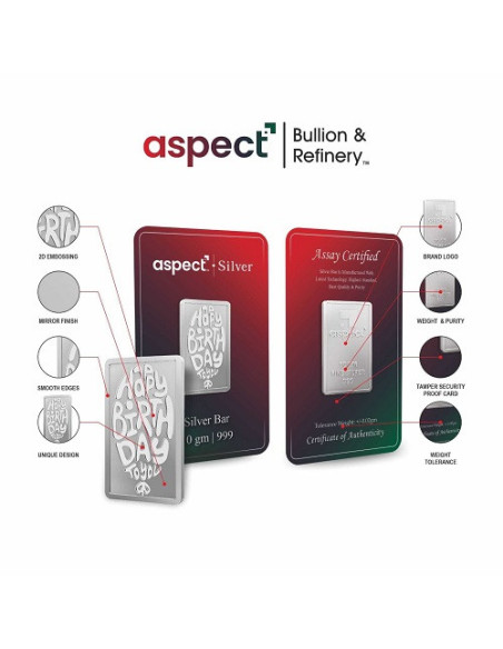 Aspect Bullion Happy Birthday Silver Bar Of 10 Grams in 24 Karat 999 Purity / Fineness